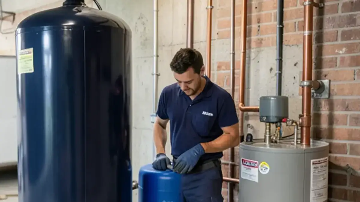 Water softener resin tank and blue brine tank installed beside a water heater in a Macomb basement