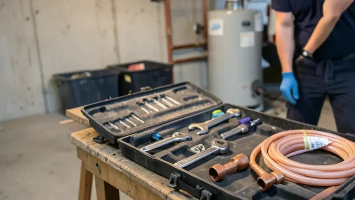 Plumber's open tool case and fittings on a basement workbench beside copper and PEX lines